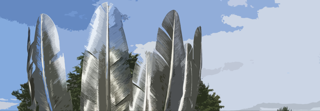 A large sculpture of metal feathers with the sky in the backround.
