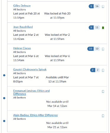 A screenshot of a discussion forum in a Learning Management System. The image shows a list of discussion topics, each with a date and time that it was ‘locked’, is ‘available until’ or is ‘not available until’. 
